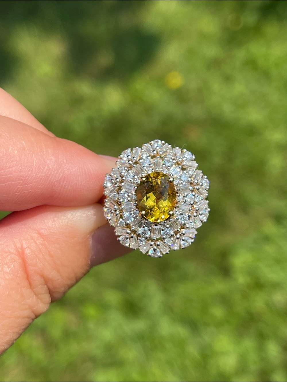 Heliodor and Moissanite Cluster Ring